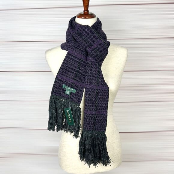 NWT Lauren Ralph Lauren Wool Houndstooth Purple Gray Long Scarf with Tassel - Picture 2 of 11